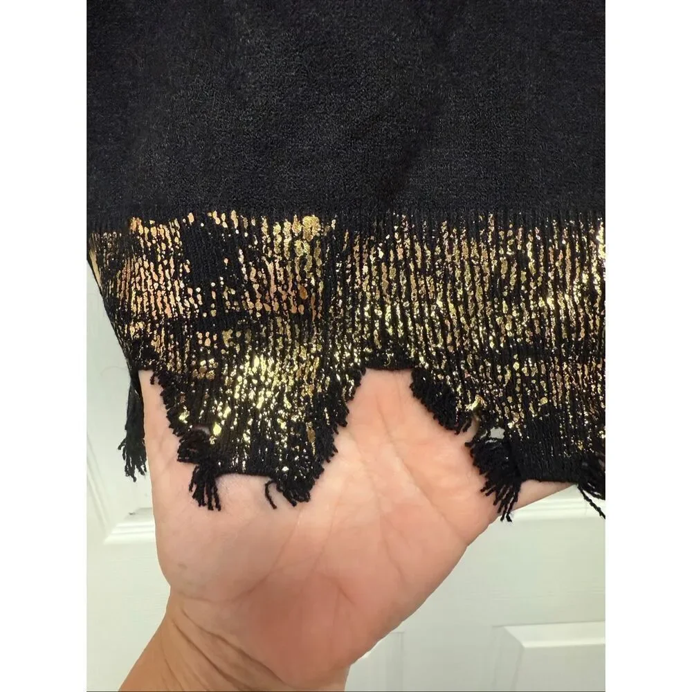 Gigi Moda Italy Black Gold Paint Frayed Hem Depo V-Beck Sweater sz XL NWOT